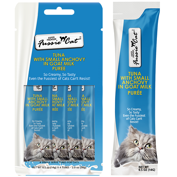 Fussie Cat - Cat Treats - Tuna, Small Anchovy in Goat Milk Puree - 4 Pack
