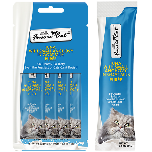 Fussie Cat - Cat Treats - Tuna, Small Anchovy in Goat Milk Puree - 4 Pack