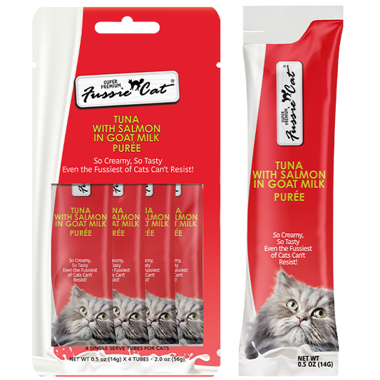 Fussie Cat - Cat Treats - Tuna with Salmon in Goat Milk Puree - 4 Pack