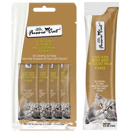Fussie Cat - Cat Treats - Chicken with Beef in Goat Milk Puree - 4 Pack