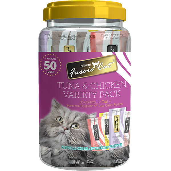 Fussie Cat Treats-Tuna & Chicken Puree-Variety Pack-5 Flavors-50 Tubes