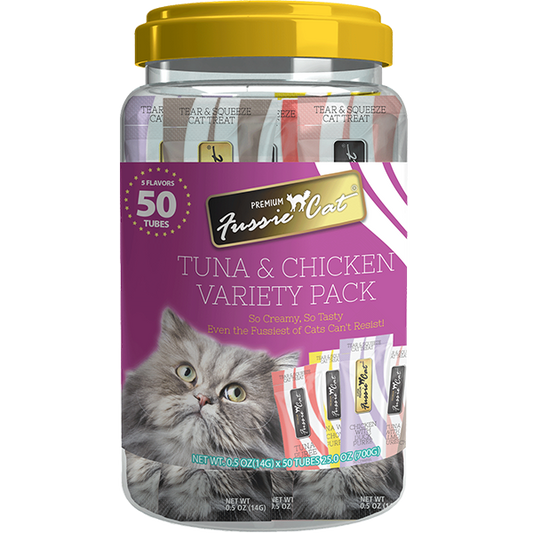 Fussie Cat Treats-Tuna & Chicken Puree-Variety Pack-5 Flavors-50 Tubes