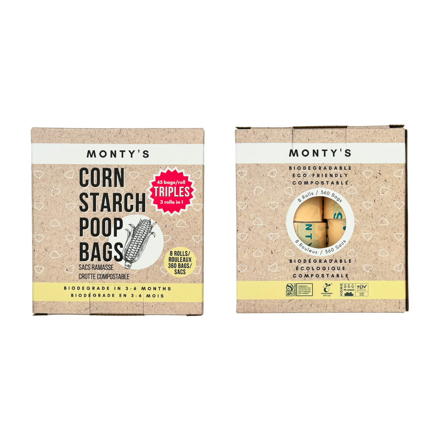 Compostable Cornstarch Poop Bags - 9 x 13" - Triples Rolls : 4 Roll (180 Bags)