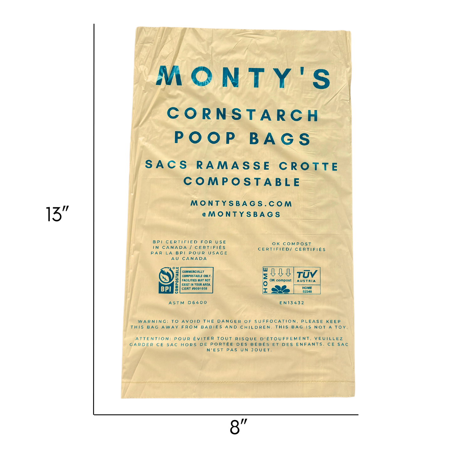 Compostable Cornstarch Poop Bags -  200 Bags - 8 x 13" Size